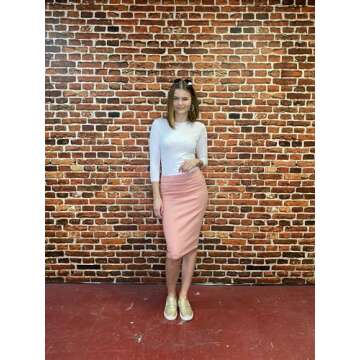 ESTEEZ Size 0 Pink Stretch Denim Pencil Jean Skirt Pull-on Knee Length Modest Casual Bodycon Office Outfit 'Brooklyn' (EX802149PINK0)