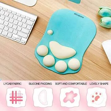 Cat Paw Mouse Pad with Wrist Support 3D Kawaii Cartoon Cute Print Cats Paw Soft Silicone Rests Ergonomic Mouse pad Large (11.5×7.8) Green