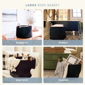 OrganiHaus Black Baskets for Organizing 20x13, Large Blanket Basket for Living Room, Toy Storage Basket for Kids, Cotton Rope Basket w/Handles, Large Basket for Blankets, Large Storage Basket