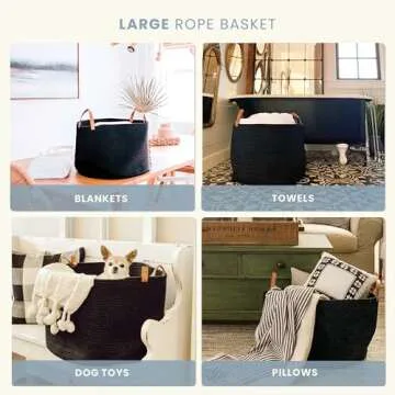 OrganiHaus Black Baskets for Organizing 20x13, Large Blanket Basket for Living Room, Toy Storage Basket for Kids, Cotton Rope Basket w/Handles, Large Basket for Blankets, Large Storage Basket