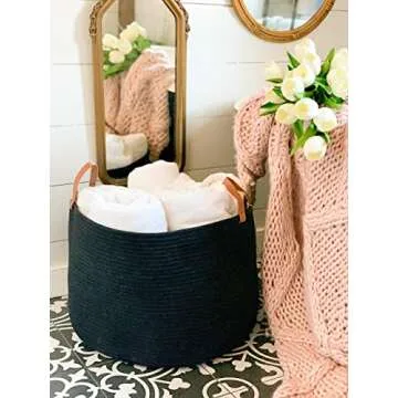 OrganiHaus Black Baskets for Organizing 20x13, Large Blanket Basket for Living Room, Toy Storage Basket for Kids, Cotton Rope Basket w/Handles, Large Basket for Blankets, Large Storage Basket