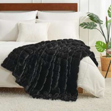 Cozy Bliss Faux Fur Throw Blanket for Couch, Cozy Warm Plush Striped Blanket for Sofa Bedroom Living Room, Black