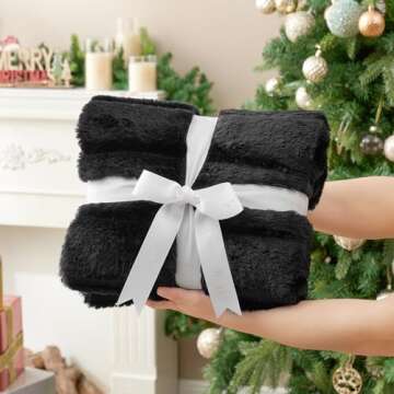 Cozy Bliss Faux Fur Throw Blanket for Couch, Cozy Warm Plush Striped Blanket for Sofa Bedroom Living Room, Black
