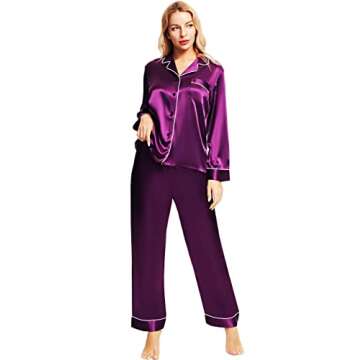Satin Silk Pajamas for Women Pajama Set With Long Sleeve Button-Down Satin Pajamas Sleepwear Purple M