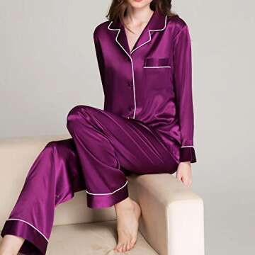 Satin Silk Pajamas for Women Pajama Set With Long Sleeve Button-Down Satin Pajamas Sleepwear Purple M