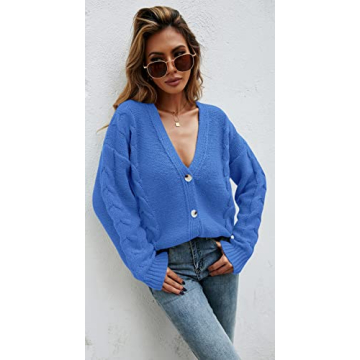 HZSONNE Women's Button Down Short Cardigan Sweater Soft Knitted Coat Long Sleeve V Neck Casual Outerwear (Blue, X-Large)