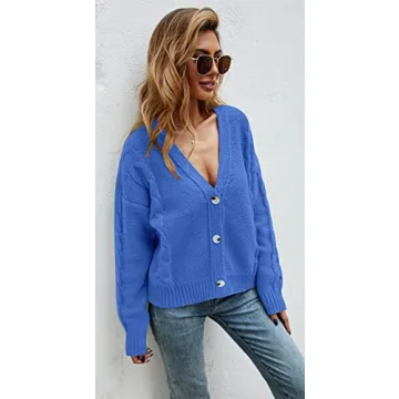 HZSONNE Women's Button Down Short Cardigan Sweater Soft Knitted Coat Long Sleeve V Neck Casual Outerwear (Blue, X-Large)