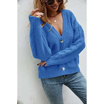 HZSONNE Women's Button Down Short Cardigan Sweater Soft Knitted Coat Long Sleeve V Neck Casual Outerwear (Blue, X-Large)