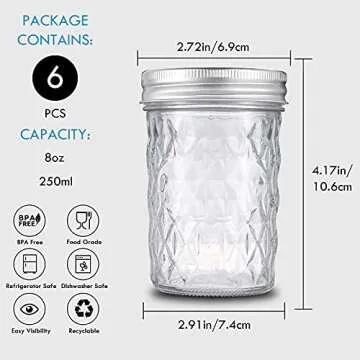 YEBODA Mason Jars 8 oz Glass Jars with Lids and Bands 6 Pack Canning Jars Ideal for Preserving, Jam, Honey, Jelly, Wedding Favors, Shower Favors, Yogurt, Sauces, DIY Spice Jars