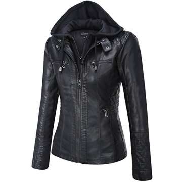 Tanming Women's Womens Hooded Faux leather Jackets (Small, Black)