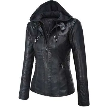 Tanming Women's Womens Hooded Faux leather Jackets (Small, Black)