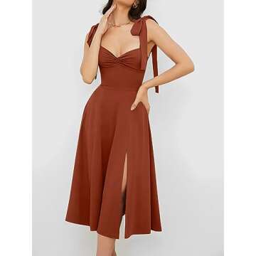 Volemo Women’s Vintage Corset Dress Sweetheart Neckline Tie Strap Slit Sleeveless Swing Elegant Midi Party Cocktail Dress Brown S