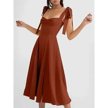 Volemo Women’s Vintage Corset Dress Sweetheart Neckline Tie Strap Slit Sleeveless Swing Elegant Midi Party Cocktail Dress Brown S