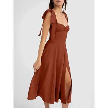 Volemo Women’s Vintage Corset Dress Sweetheart Neckline Tie Strap Slit Sleeveless Swing Elegant Midi Party Cocktail Dress Brown S