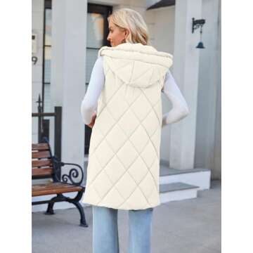 MEROKEETY Womens Sleeveless Quilted Long Puffer Vest Hooded Full Zip Jacket Coats with Pockets, Beige, S