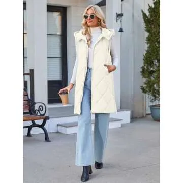 MEROKEETY Womens Sleeveless Quilted Long Puffer Vest Hooded Full Zip Jacket Coats with Pockets, Beige, S