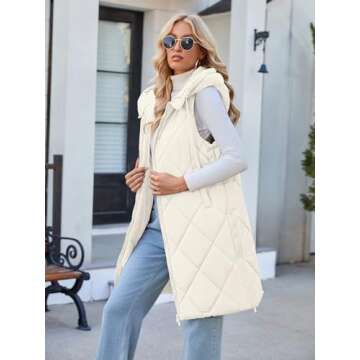 MEROKEETY Womens Sleeveless Quilted Long Puffer Vest Hooded Full Zip Jacket Coats with Pockets, Beige, S