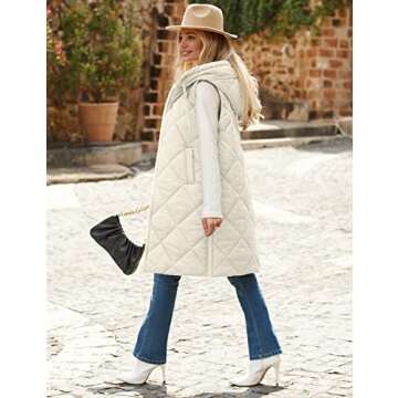 MEROKEETY Womens Sleeveless Quilted Long Puffer Vest Hooded Full Zip Jacket Coats with Pockets, Beige, S