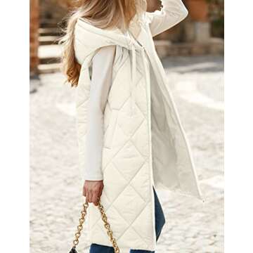 MEROKEETY Womens Sleeveless Quilted Long Puffer Vest Hooded Full Zip Jacket Coats with Pockets, Beige, S