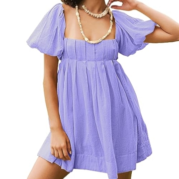 Women's Casual Summer Dress Babydoll Style with Statement Puff Sleeves, Pleated Detailing and Cinch ...