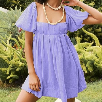 Women's Casual Summer Dress Babydoll Style with Statement Puff Sleeves, Pleated Detailing and Cinch Tie-Back Mini Dress (as1, Alpha, x_l, Regular, Regular, Purple)