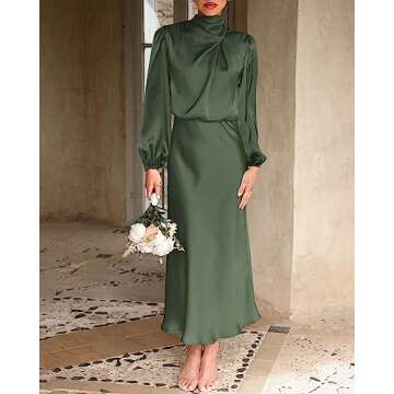 BTFBM Women's Mock Neck Satin Dress Elegant Long Sleeve Elastic High Waist Formal Wedding Cocktail P...