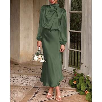BTFBM Women's Mock Neck Satin Dress Elegant Long Sleeve Elastic High Waist Formal Wedding Cocktail Party Maxi Dresses(Solid Army Green, Medium)