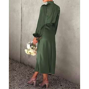 BTFBM Women's Mock Neck Satin Dress Elegant Long Sleeve Elastic High Waist Formal Wedding Cocktail Party Maxi Dresses(Solid Army Green, Medium)