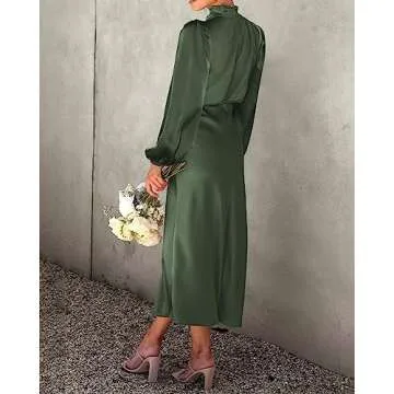 BTFBM Women's Mock Neck Satin Dress Elegant Long Sleeve Elastic High Waist Formal Wedding Cocktail Party Maxi Dresses(Solid Army Green, Medium)