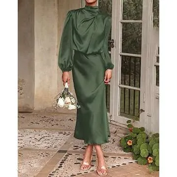 BTFBM Women's Mock Neck Satin Dress Elegant Long Sleeve Elastic High Waist Formal Wedding Cocktail Party Maxi Dresses(Solid Army Green, Medium)