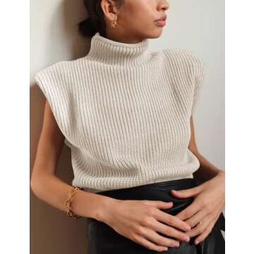 Huaqiao Women's High Neck Knit Sweater Vest Padded Shoulder Turtleneck Sweater Sleeveless Ribbed Pullover Tank Top(Apricot-S)