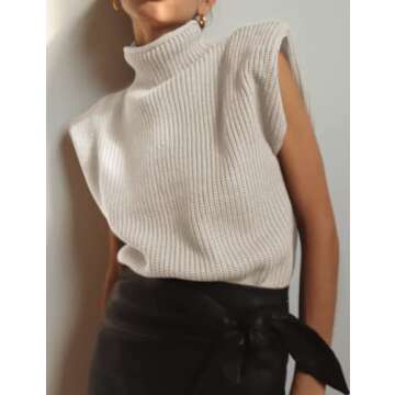 Huaqiao Women's High Neck Knit Sweater Vest Padded Shoulder Turtleneck Sweater Sleeveless Ribbed Pullover Tank Top(Apricot-S)