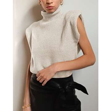 Huaqiao Women's High Neck Knit Sweater Vest Padded Shoulder Turtleneck Sweater Sleeveless Ribbed Pullover Tank Top(Apricot-S)