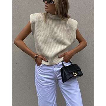 Huaqiao Women's High Neck Knit Sweater Vest Padded Shoulder Turtleneck Sweater Sleeveless Ribbed Pullover Tank Top(Apricot-S)