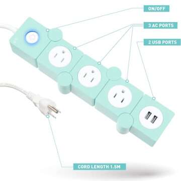 iJoy Flexible Power Strip - 3 AC Outlets and 2 USB Charging Ports with 5 Ft Extension Cord, Green Su...