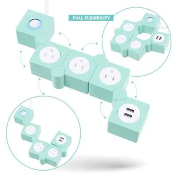 iJoy Flexible Power Strip - 3 AC Outlets and 2 USB Charging Ports with 5 Ft Extension Cord, Green Surge Protector Power Strip, Decorative Surge Protector Outlet Extender for Home, Office, and More