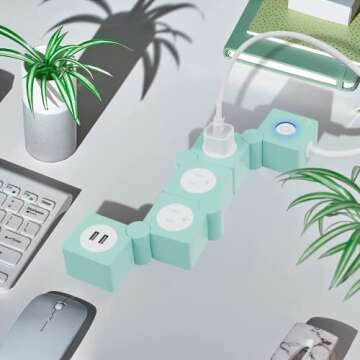 iJoy Flexible Power Strip - 3 AC Outlets and 2 USB Charging Ports with 5 Ft Extension Cord, Green Surge Protector Power Strip, Decorative Surge Protector Outlet Extender for Home, Office, and More