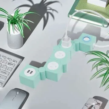 iJoy Flexible Power Strip - 3 AC Outlets and 2 USB Charging Ports with 5 Ft Extension Cord, Green Surge Protector Power Strip, Decorative Surge Protector Outlet Extender for Home, Office, and More