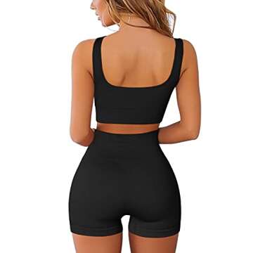 QINSEN Yoga Outfits for Women 2 Piece Set,Sexy Low Square Neck Stretchy Sport Bra Booty Short 03Black S