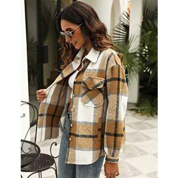 UANEO Womens Plaid Shacket Button Down Wool Blend Fall Flannel Shirt Jacket (Khaki-S)