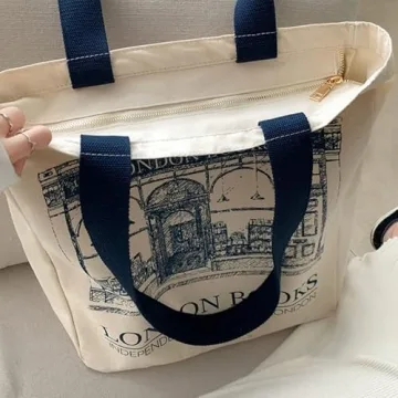 Lefe Liee canvas tote bag for women, book tote bag aesthetic with zipper, cute small book tote, Portable Washable for Women Grocery Shopping Gift Bag for Birthday Teachers' Day