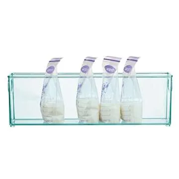 mDesign Plastic Long Stackable Storage Organizer Container, Organization Bin w/Handles for Kitchen, Pantry, Fridge, Freezer, Cabinet, Perfect to Hold Breast Milk - Ligne Collection - 2 Pack, Blue