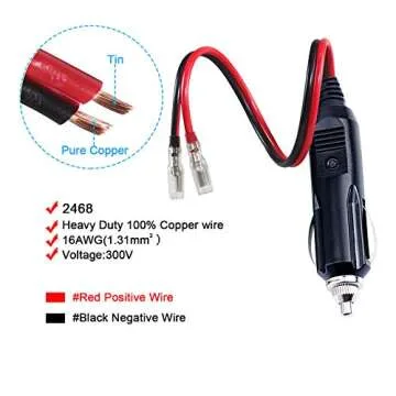 [1PACK] 12Volt Replacement Cigarette Lighter Male Plug with Leads - Car Adapter Dc Battery Charger Kit Connectors Cigar Plugs Power Supply Accessories Heavy Duty Cord Auto Cable Led Light 15Amp