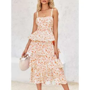 Wenrine Womens Summer Floral Maxi Dress Sleeveless Spaghetti Strap Tie Back Tiered Ruffle Dresses Orange