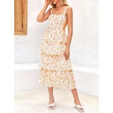 Wenrine Womens Summer Floral Maxi Dress Sleeveless Spaghetti Strap Tie Back Tiered Ruffle Dresses Orange