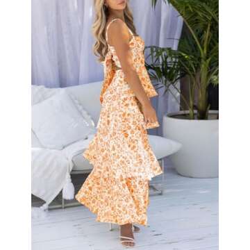 Wenrine Womens Summer Floral Maxi Dress Sleeveless Spaghetti Strap Tie Back Tiered Ruffle Dresses Orange