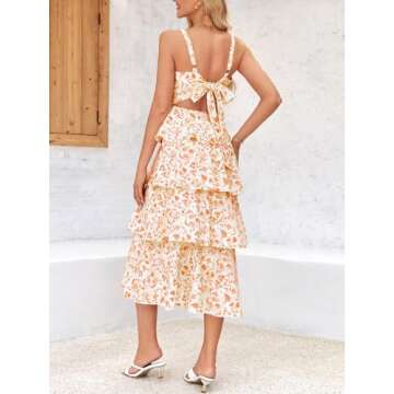 Wenrine Womens Summer Floral Maxi Dress Sleeveless Spaghetti Strap Tie Back Tiered Ruffle Dresses Orange