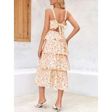 Wenrine Womens Summer Floral Maxi Dress Sleeveless Spaghetti Strap Tie Back Tiered Ruffle Dresses Orange