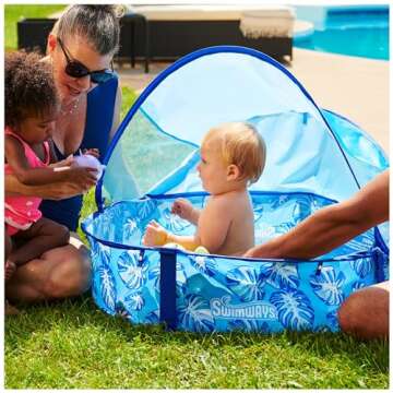 Swimways Elite Pop-Up Above Ground Pool, Baby Pool with Canopy & Carrying Case, Foldable Kiddie Pool for Ages 9-24 Months, Measures 32", Blue