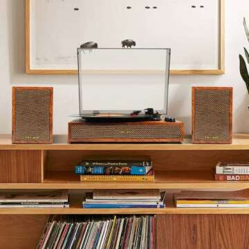 Vinyl Record Player with External Speakers, 3 Speed Bluetooth Turntable for Vinyl Records, Vintage Belt Drive Record Player with Stereo Speakers and Auto Stop, RCA Audio Out and Aux-in,Light Wood